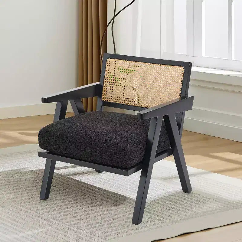 Fauteuil Acekool, dossier en rotin, pieds en bois, coussins épais, fauteuil de salon, chambre ou balcon, lin beige ou flanelle teddy