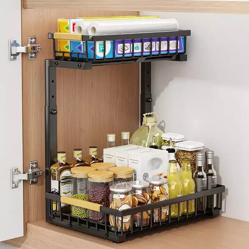 Organisateur sous évier, étagère coulissante en métal pour armoire, organisateur et rangement de cuisine et salle de bain avec 2 tiroirs coulissants pour épices.