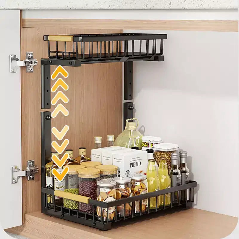 Organisateur sous évier, étagère coulissante en métal pour armoire, organisateur et rangement de cuisine et salle de bain avec 2 tiroirs coulissants pour épices.