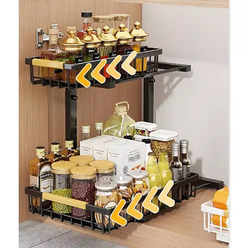 Organisateur sous évier, étagère coulissante en métal pour armoire, organisateur et rangement de cuisine et salle de bain avec 2 tiroirs coulissants pour épices.