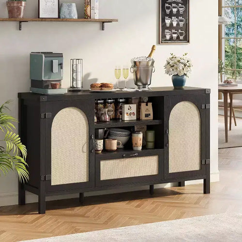 47.2/59.1 Meuble Buffet en Rotin avec Rangement, Buffet de Ferme Bohème avec Étagères Réglables, Tiroir, Portes, Meuble Bar à Café de Cuisine