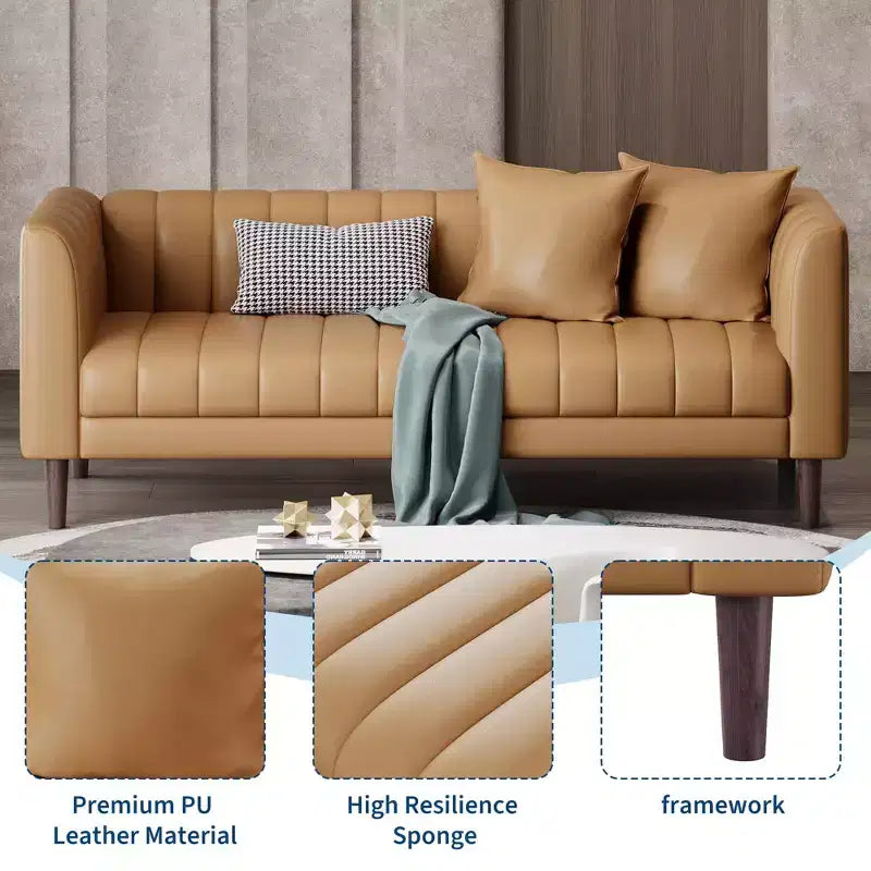 Canapé en similicuir, canapé moderne de 78 po de largeur avec sièges profonds, canapé 3 places avec 2 coussins décoratifs et pieds en bois, assemblage facile