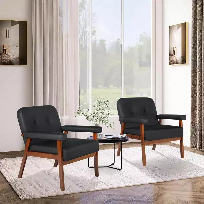 TYBOATLE Fauteuil en similicuir noir avec cadre en bois, fauteuils de salon rembourrés confortables pour la lecture dans les petits espaces