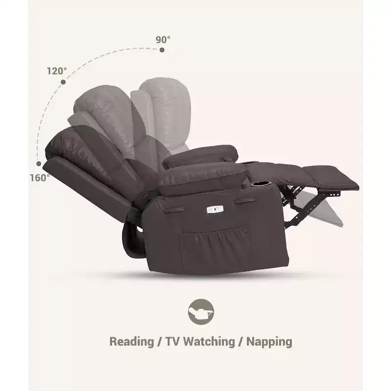 Canapé inclinable électrique Acekool avec massage, fonction pivotante et bascule, port USB, porte-gobelets, poches latérales, siège extra large, salon