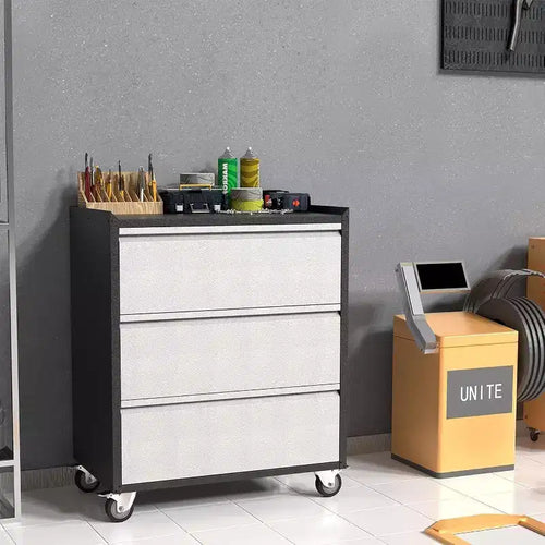 Chariot à outils en métal robuste Acekool avec 3 tiroirs, armoire de rangement à roulettes pour garage, atelier, entrepôt, gris