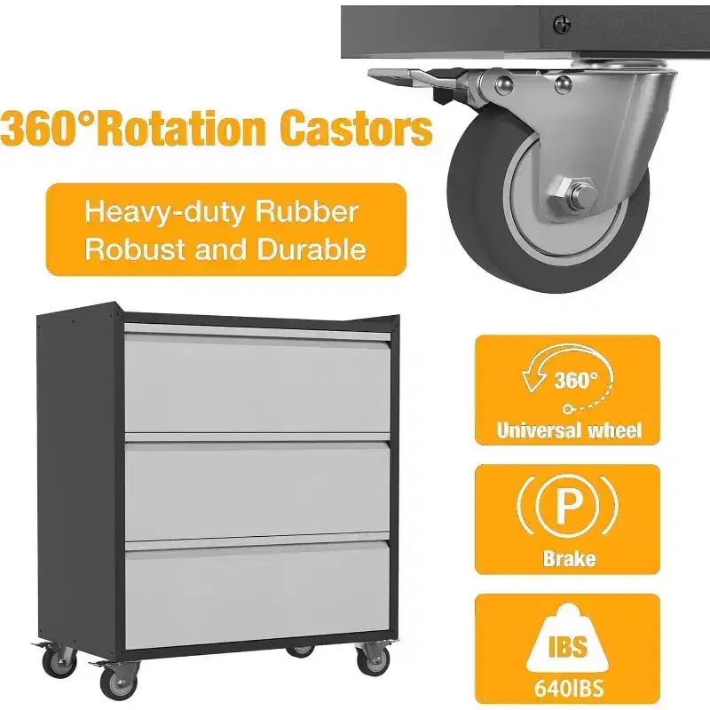 Chariot à outils en métal robuste Acekool avec 3 tiroirs, armoire de rangement à roulettes pour garage, atelier, entrepôt, gris
