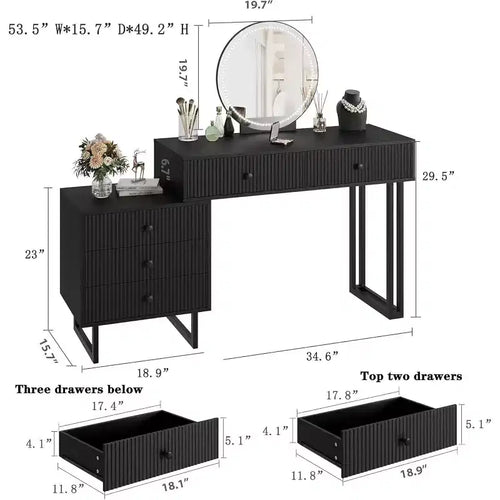 Coiffeuse blanche Acekool avec miroir et lumières, table de maquillage moderne avec 5 tiroirs, LED 3 couleurs, luminosité réglable pour chambre à coucher