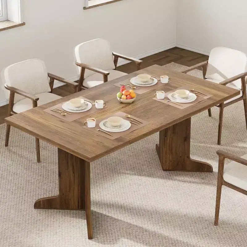 Grande table à manger en bois de style ferme pour 6-8 personnes, table de cuisine rectangulaire avec plateau rembourré et pieds distinctifs en forme de V