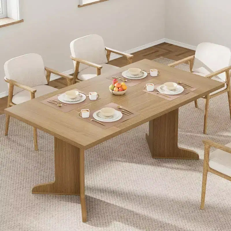Grande table à manger en bois de style ferme pour 6-8 personnes, table de cuisine rectangulaire avec plateau rembourré et pieds distinctifs en forme de V