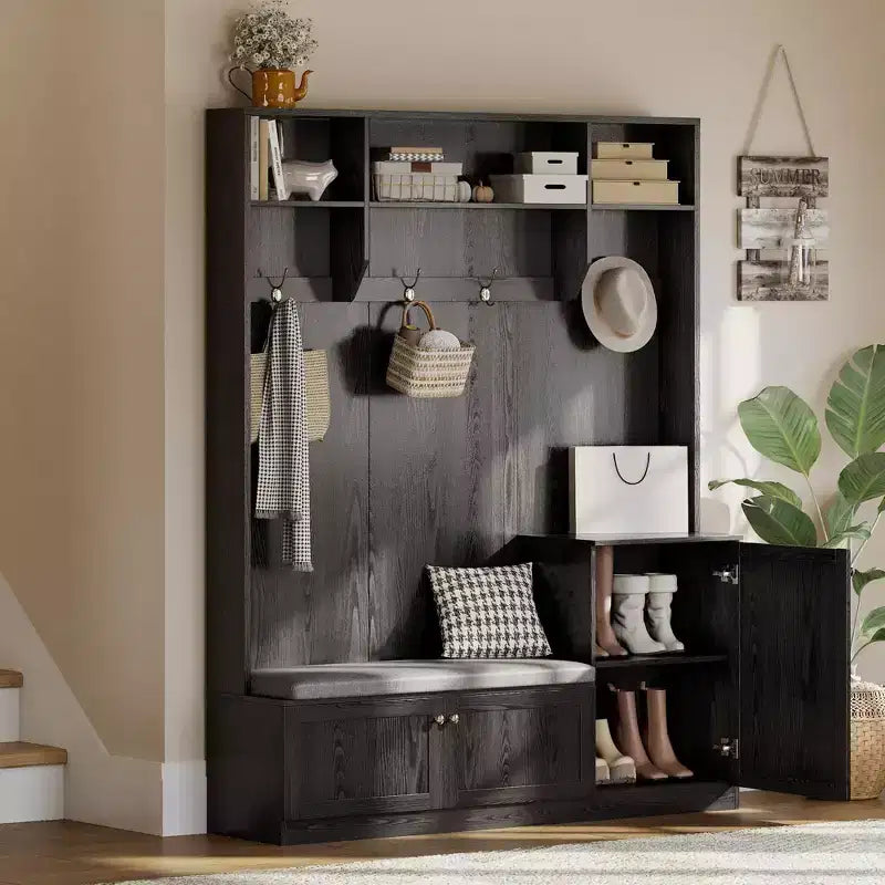 Bench and Shoe Storage,3-in-1 Farmhouse Entryway Bench with Coat Rack, 4 Hooks,4 Shoe Cubbies&3 Open Compartments,for Entryway,Mudrooms