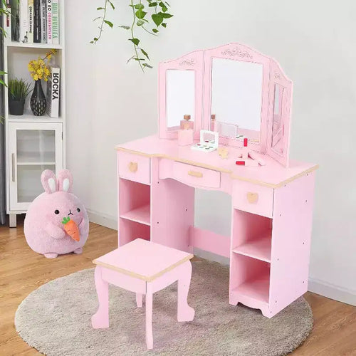 Acekool Kids Vanity Set with Stool, Tri-Fold Mirror, Storage Drawers & Open Shelves, Pink Makeup Desk for Girls Ages 3+