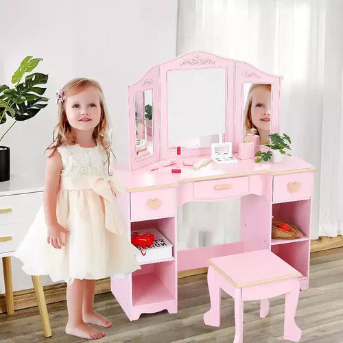 Coiffeuse Acekool pour enfants avec tabouret, miroir triptyque, tiroirs de rangement et étagères ouvertes, coiffeuse rose pour filles de 3 ans et plus