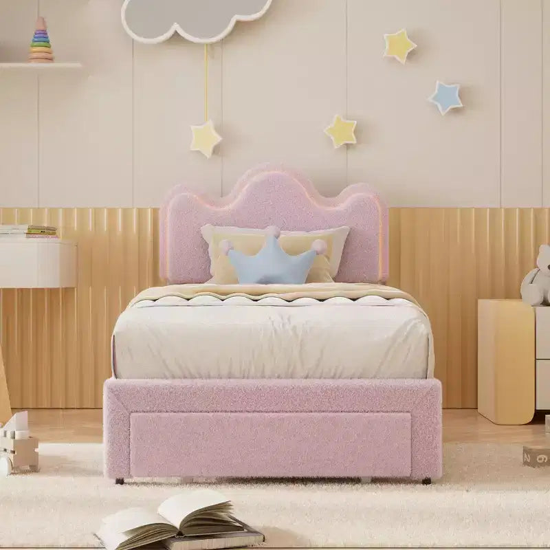 Cadre de lit avec tête de lit capitonnée réglable pour filles, cadre de lit plateforme en bouclette avec tiroirs de rangement, cadre de lit de princesse pour enfants