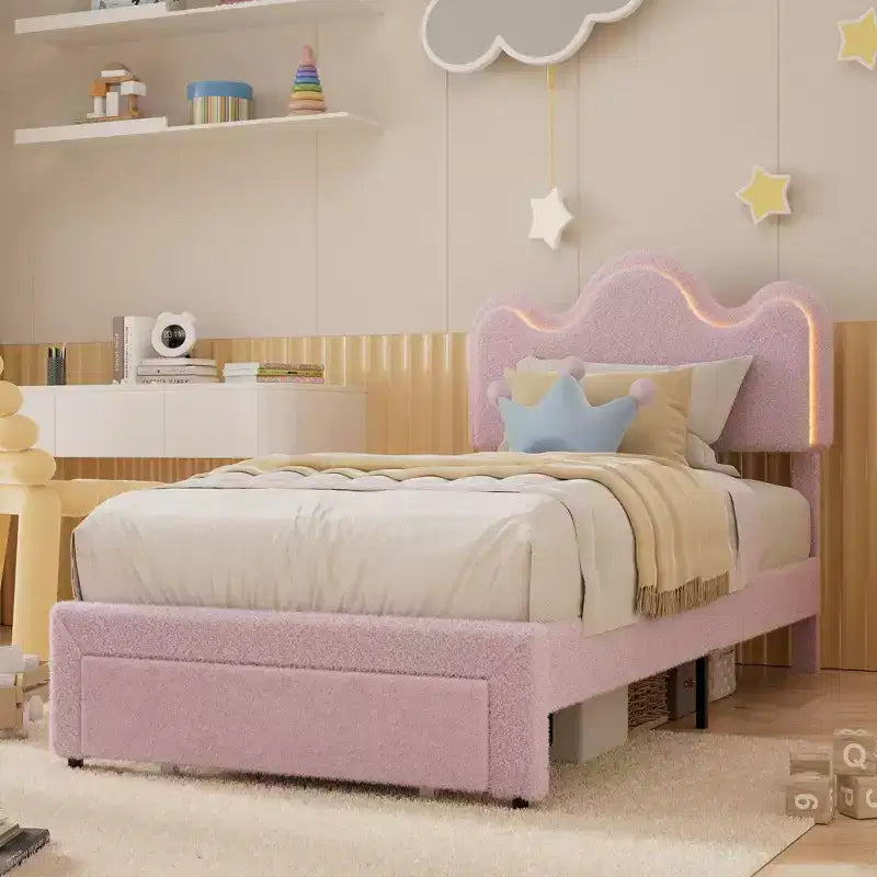 Cadre de lit avec tête de lit capitonnée réglable pour filles, cadre de lit plateforme en bouclette avec tiroirs de rangement, cadre de lit de princesse pour enfants