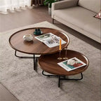 Round Coffee Table, Set of 2, Wooden Living Room Table with Metal Frame, Side Tables for Living Room Table