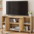 70 Mid-Century Modern TV Stand with Rattan Doors - Entertainment Center for 70 Inch TV, 2 Storage Cabinets & 3 Open Shelves
