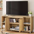 70 Mid-Century Modern TV Stand with Rattan Doors - Entertainment Center for 70 Inch TV, 2 Storage Cabinets & 3 Open Shelves