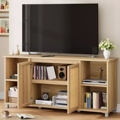 70 Mid-Century Modern TV Stand with Rattan Doors - Entertainment Center for 70 Inch TV, 2 Storage Cabinets & 3 Open Shelves