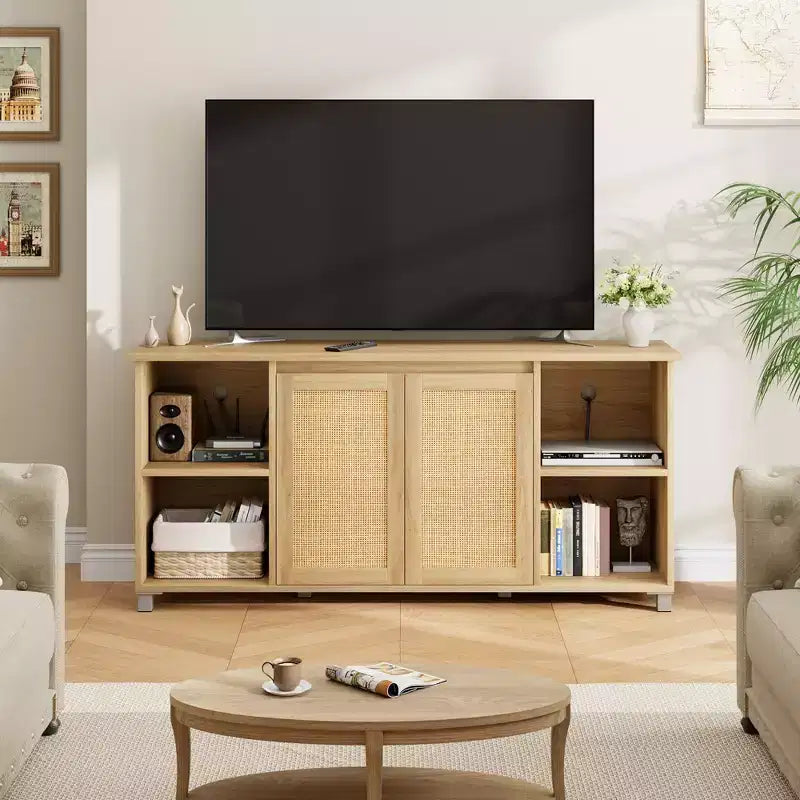 Meuble TV 70" mi-siècle moderne avec portes en rotin - Meuble de divertissement pour téléviseur 70 pouces, 2 placards de rangement et 3 étagères ouvertes