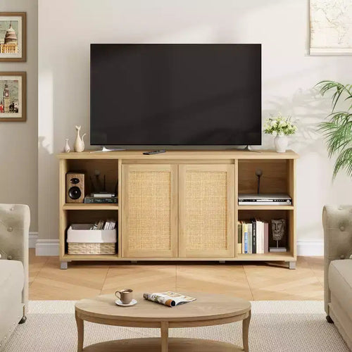 Meuble TV 70" mi-siècle moderne avec portes en rotin - Meuble de divertissement pour téléviseur 70 pouces, 2 placards de rangement et 3 étagères ouvertes