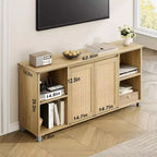 Meuble TV 70" mi-siècle moderne avec portes en rotin - Meuble de divertissement pour téléviseur 70 pouces, 2 placards de rangement et 3 étagères ouvertes