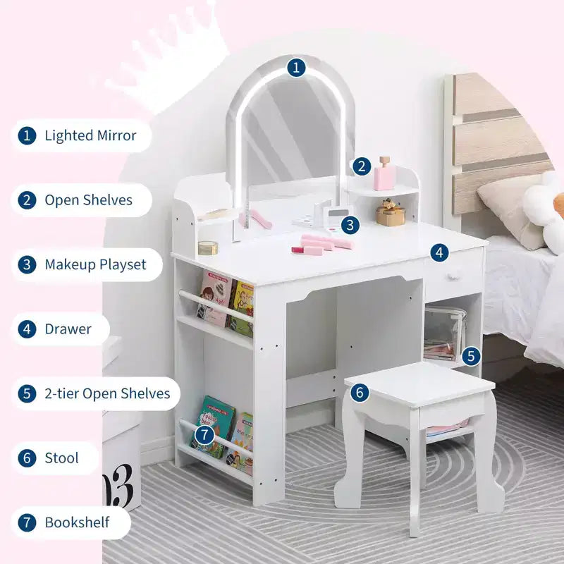 Coiffeuse pour enfants GustoWave avec miroir, tabouret, étagère et rangement, commode de maquillage avec tiroir et étagères pour filles de 39 ans