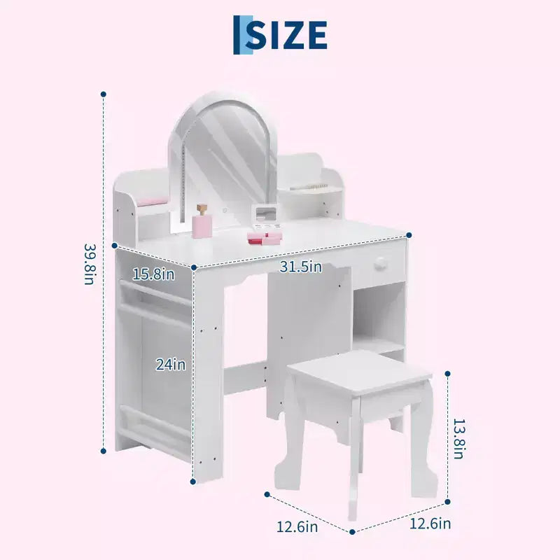 Coiffeuse pour enfants GustoWave avec miroir, tabouret, étagère et rangement, commode de maquillage avec tiroir et étagères pour filles de 39 ans