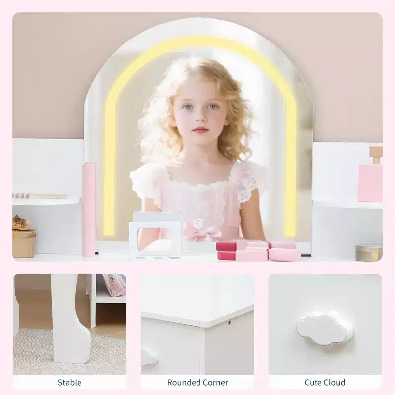 Coiffeuse pour enfants GustoWave avec miroir, tabouret, étagère et rangement, commode de maquillage avec tiroir et étagères pour filles de 39 ans