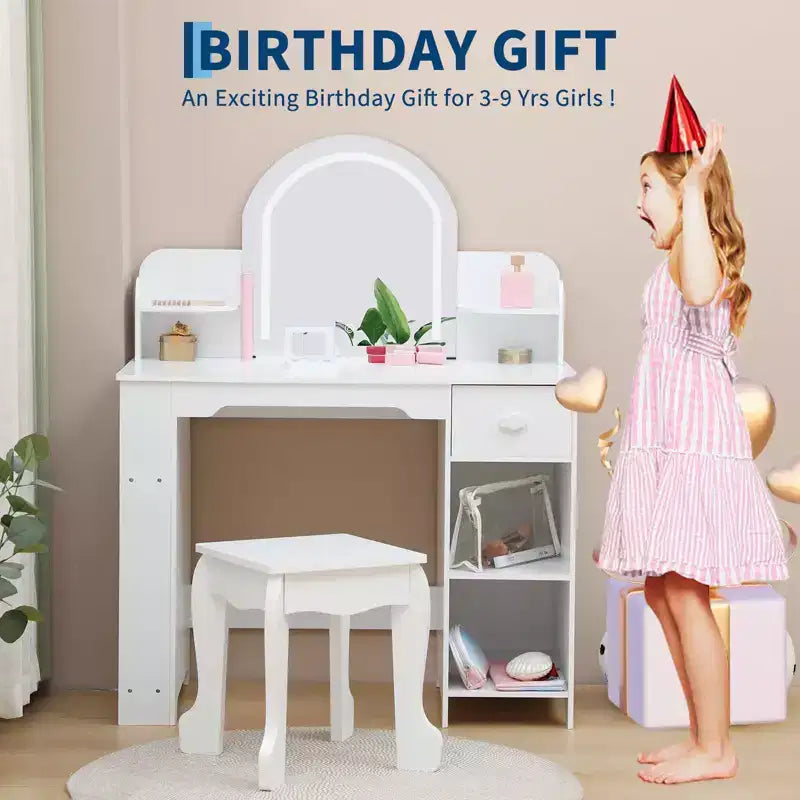 Coiffeuse pour enfants GustoWave avec miroir, tabouret, étagère et rangement, commode de maquillage avec tiroir et étagères pour filles de 39 ans