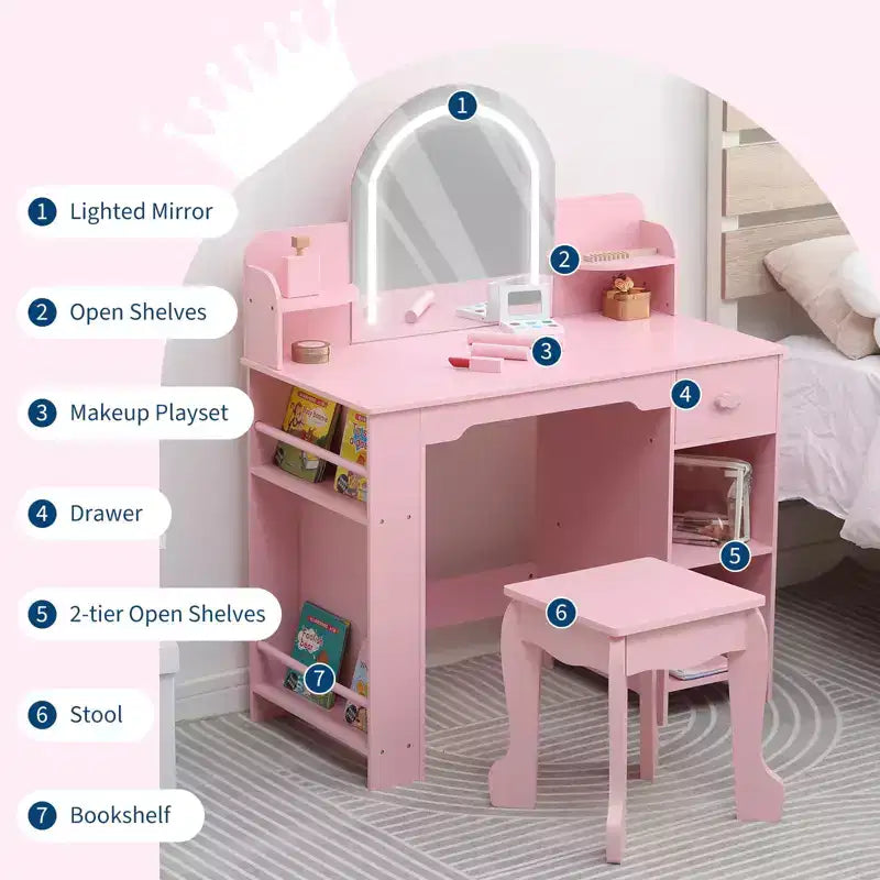 Coiffeuse pour enfants GustoWave avec miroir, tabouret, étagère et rangement, commode de maquillage avec tiroir et étagères pour filles de 39 ans