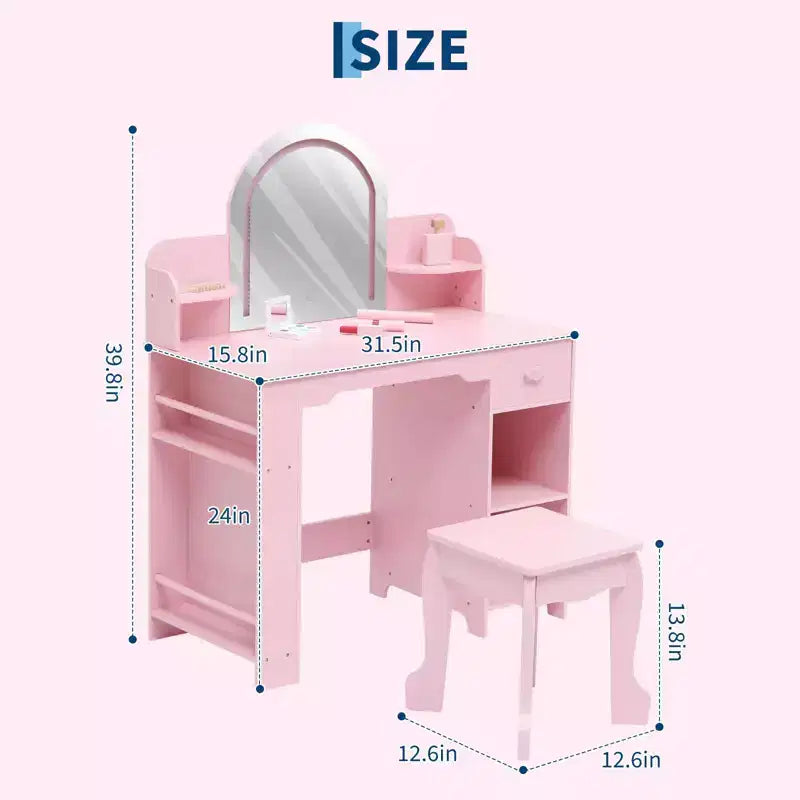 Coiffeuse pour enfants GustoWave avec miroir, tabouret, étagère et rangement, commode de maquillage avec tiroir et étagères pour filles de 39 ans