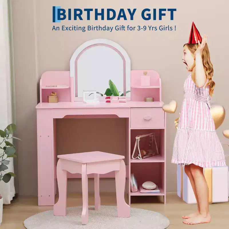 Coiffeuse pour enfants GustoWave avec miroir, tabouret, étagère et rangement, commode de maquillage avec tiroir et étagères pour filles de 39 ans