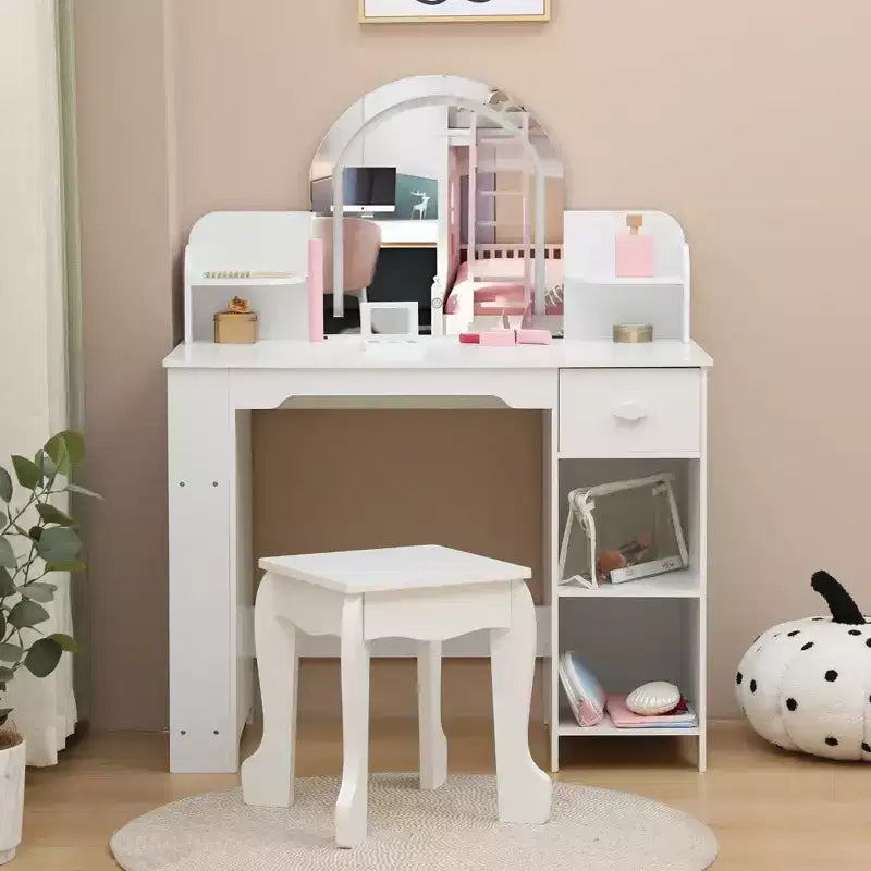 Coiffeuse pour enfants GustoWave avec miroir, tabouret, étagère et rangement, commode de maquillage avec tiroir et étagères pour filles de 39 ans