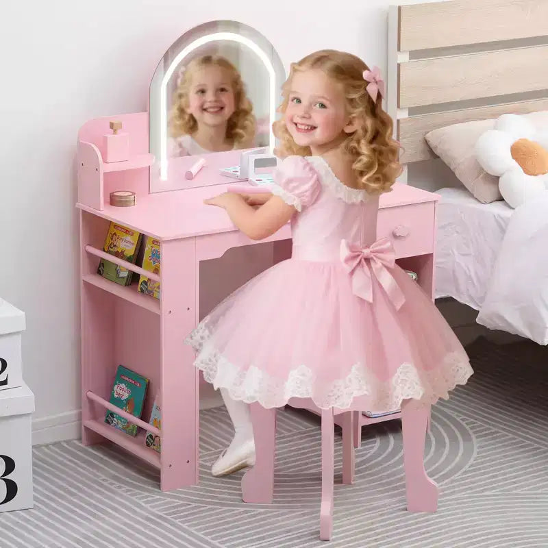 GustoWave Kids Vanity Set with Mirror, Stool, Bookshelf & Storage  Makeup Desk with Drawer & Shelves for Girls Ages 39
