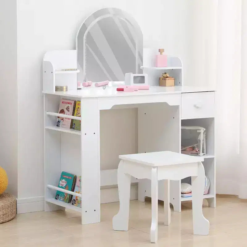 Coiffeuse pour enfants GustoWave avec miroir, tabouret, étagère et rangement, commode de maquillage avec tiroir et étagères pour filles de 39 ans