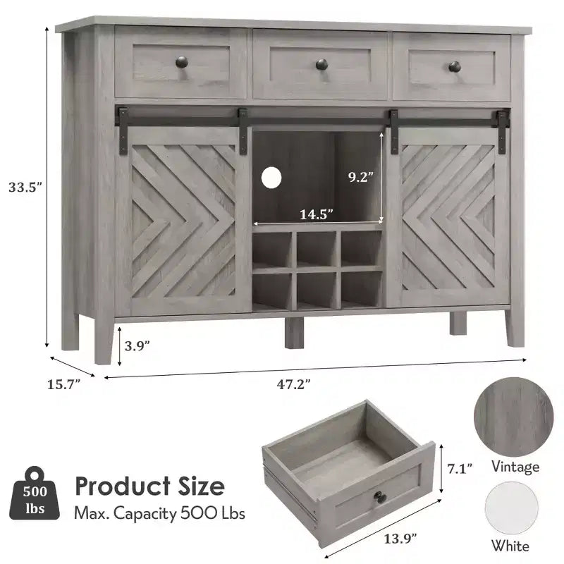 Garvee Farmhouse Armoire de buffet 47,2 pouces avec porte coulissante de style grange, buffet rustique de 33,4 pouces de haut avec 3 tiroirs, gris