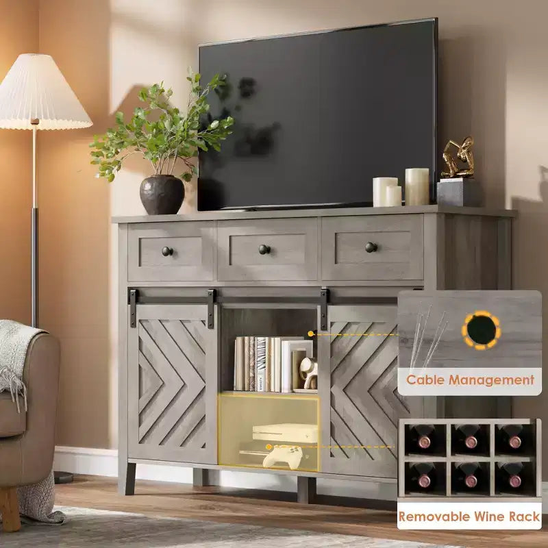 Garvee Farmhouse Armoire de buffet 47,2 pouces avec porte coulissante de style grange, buffet rustique de 33,4 pouces de haut avec 3 tiroirs, gris