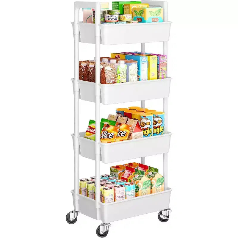 Pipishell 4-Tier Rolling Cart, Lightweight Plastic Organizer with Lockable Wheels & Reinforced Handle for Kitchen, Bathroom, Nursery, White