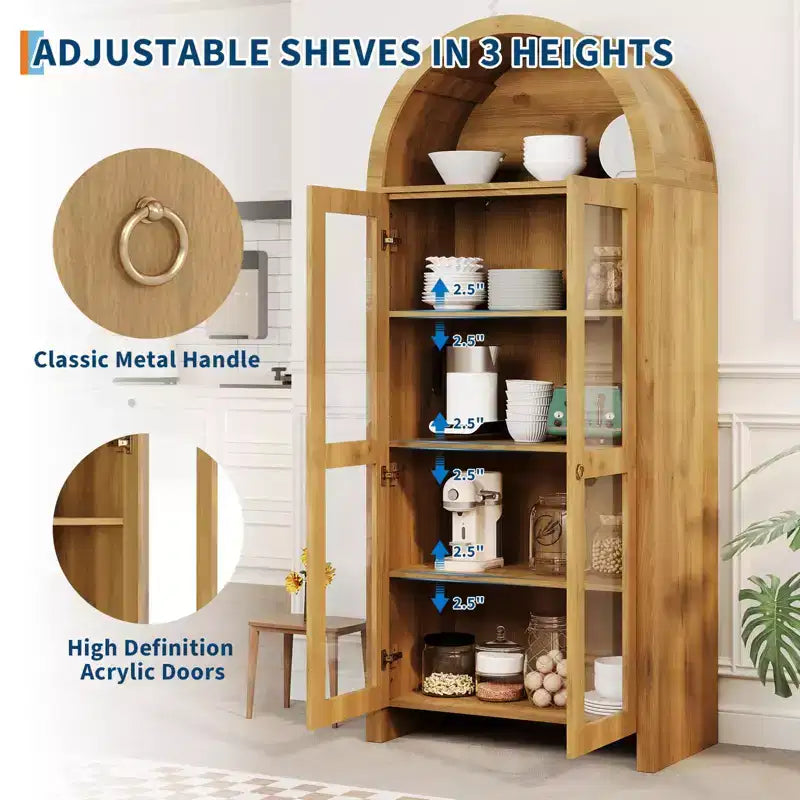 Armoire de cuisine haute de 70 po avec portes cintrées, Meuble de rangement de cuisine en bois avec étagères réglables, Armoire polyvalente pour salle à manger, salle de bain