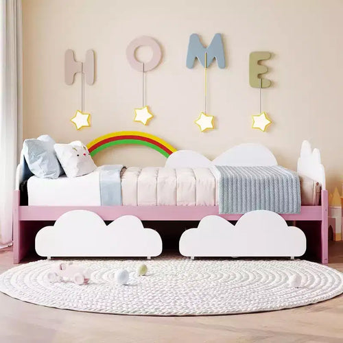 Cadre de Lit Jumeau Plateforme Acekool pour Enfants avec Décor Nuages & Tournesol, 2 Tiroirs de Rangement, Lattes en Bois, Design Conte de Fées, Blanc
