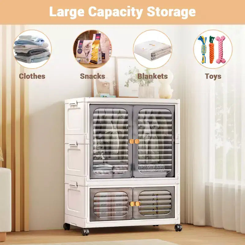 Boîtes de rangement avec couvercles, boîtes de rangement pliantes avec portes et roulettes, bacs de rangement pliables et empilables, lot de 3 organiseurs de placard pour la maison