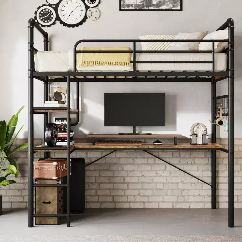Lit mezzanine double avec bureau en L, lit mezzanine double en métal avec étagères de rangement, garde-corps de sécurité et échelle, aucun sommier tapissier requis