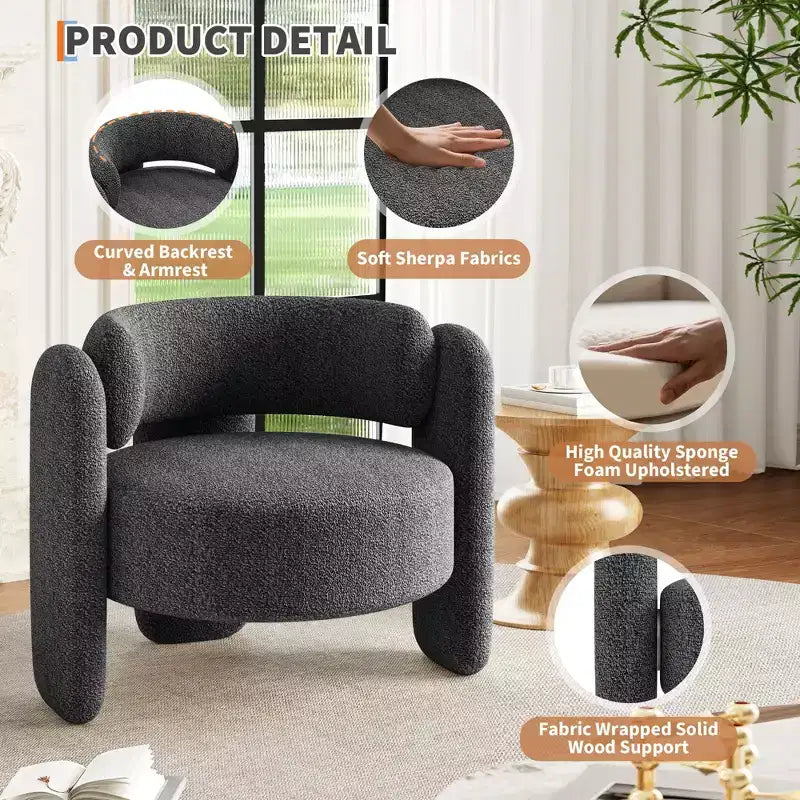 Fauteuil d'appoint moderne rembourré GustoWave avec cadre en bois massif, fauteuil rond en chenille de style Mid-Century avec dossier incurvé