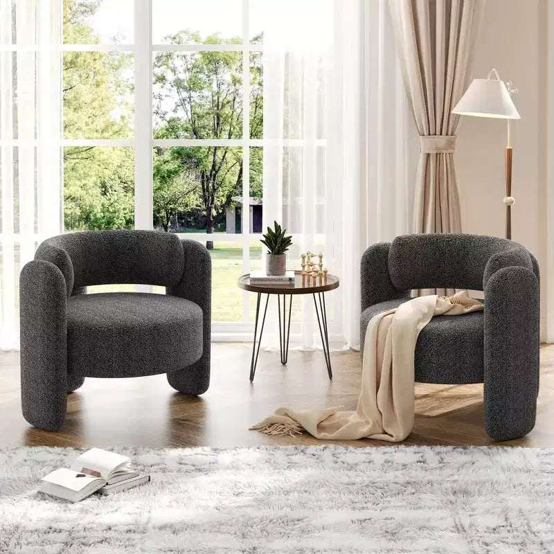 Fauteuil d'appoint moderne rembourré GustoWave avec cadre en bois massif, fauteuil rond en chenille de style Mid-Century avec dossier incurvé