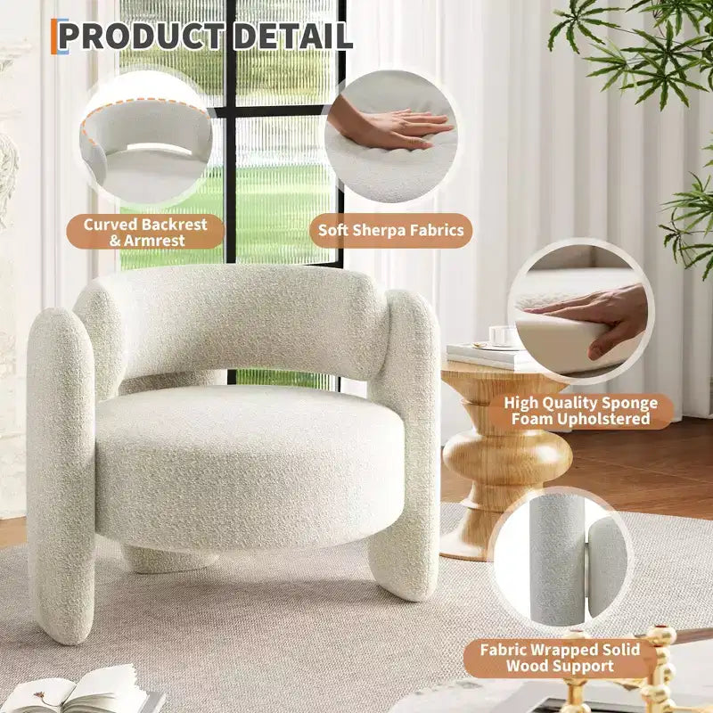 Fauteuil d'appoint moderne rembourré GustoWave avec cadre en bois massif, fauteuil rond en chenille de style Mid-Century avec dossier incurvé