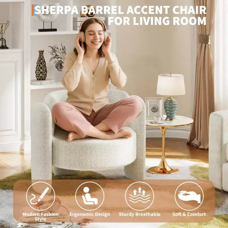 Fauteuil d'appoint moderne rembourré GustoWave avec cadre en bois massif, fauteuil rond en chenille de style Mid-Century avec dossier incurvé