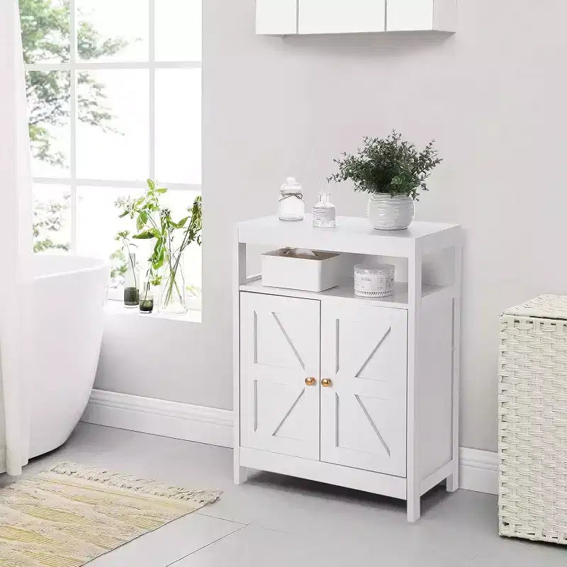 Meuble de Rangement Salle de Bain avec Double Portes, Étagères Réglables, Unité de Rangement Compacte Mesurant 34.84 P x 14.17 L x 7.87 H, Gain de Place, Blanc