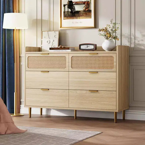 6 Drawer Dresser Farmhouse, Wide Bedroom Storage Chest with Rattan Accents