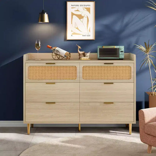 Commode de chambre à 6 tiroirs style campagne, grand chiffonnier avec accents en rotin