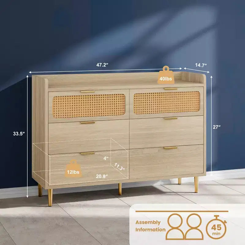 Commode de chambre à 6 tiroirs style campagne, grand chiffonnier avec accents en rotin